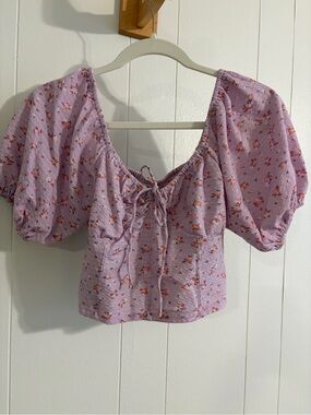 Billabong Lavender Floral Puff-Sleeve Tie-Front Top